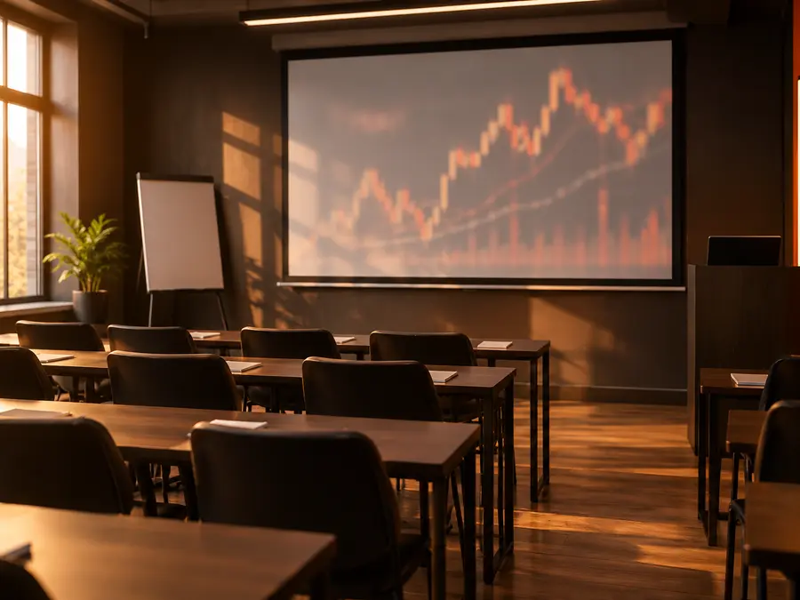 Aula de formación con proyector mostrando un gráfico de velas