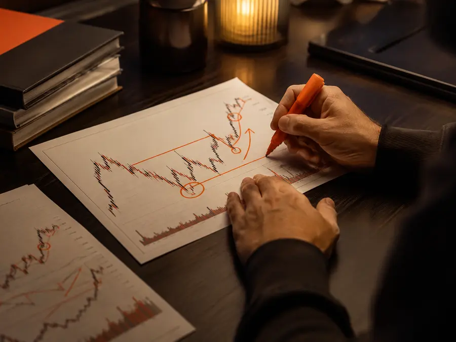Manos marcando en rotulador naranja una figura de precio sobre una impresión de gráfico