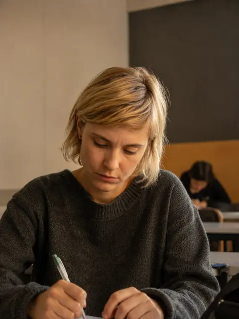 Marta Cabrera, formadora, escribiendo anotaciones sobre un cuaderno en un aula